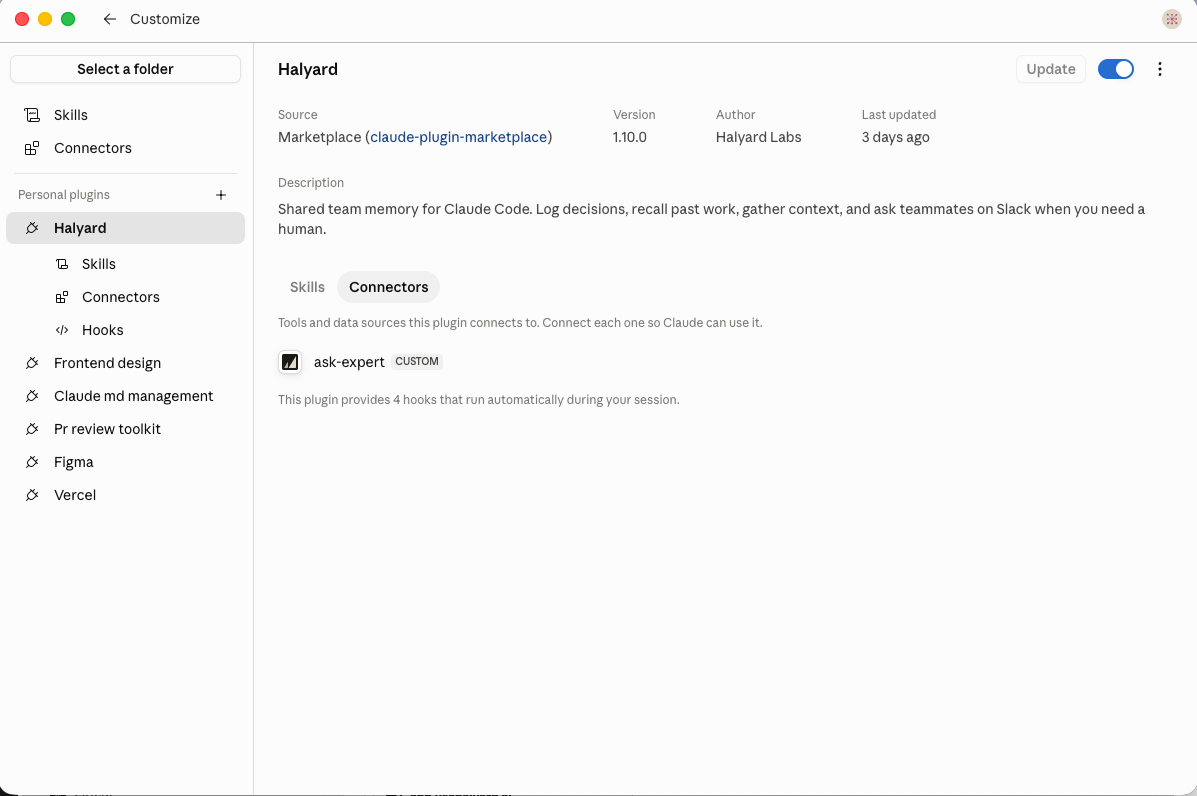 Halyard plugin page in Customize, showing the Connectors tab with the org-kb connector